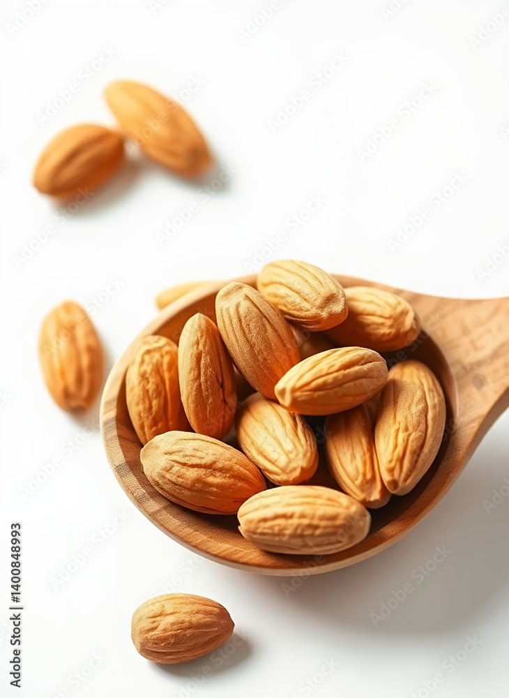 Obraz premium Almonds in a Wooden Spoon on White Background