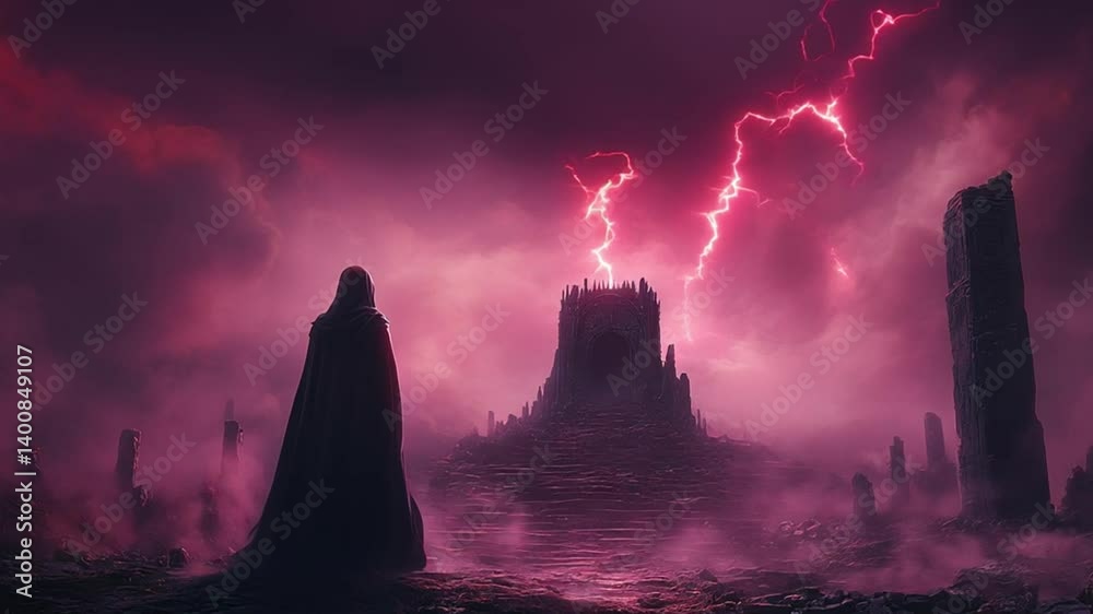 Dark Fantasy Landscape with Hooded Figure Facing a Mysterious Throne Amid Crimson Storm Clouds and Lightning Strikes