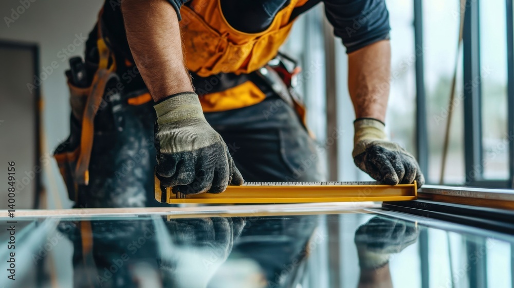 Window installer adjusting a level on a newly mounted glass panel. Featuring precision and craftsmanship Window installer adjusting a level on a newly mounted glass panel. Featuring precision and craftsmanship