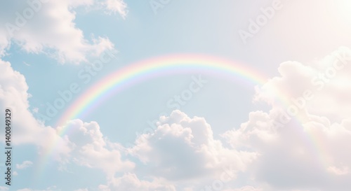 Pastel gentle rainbow arching across a blue sky with fluffy clouds, spring and easter. Religious atmosphere of transition in other world and afterlife concept