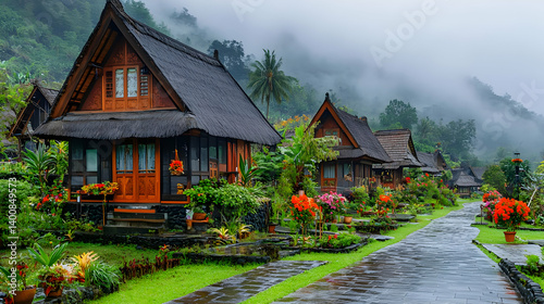 Obraz na płótnie Scenic Rural Village Houses with Dark Wooden Facades Flowers Gardens and Mist Mountain Background w salonie
