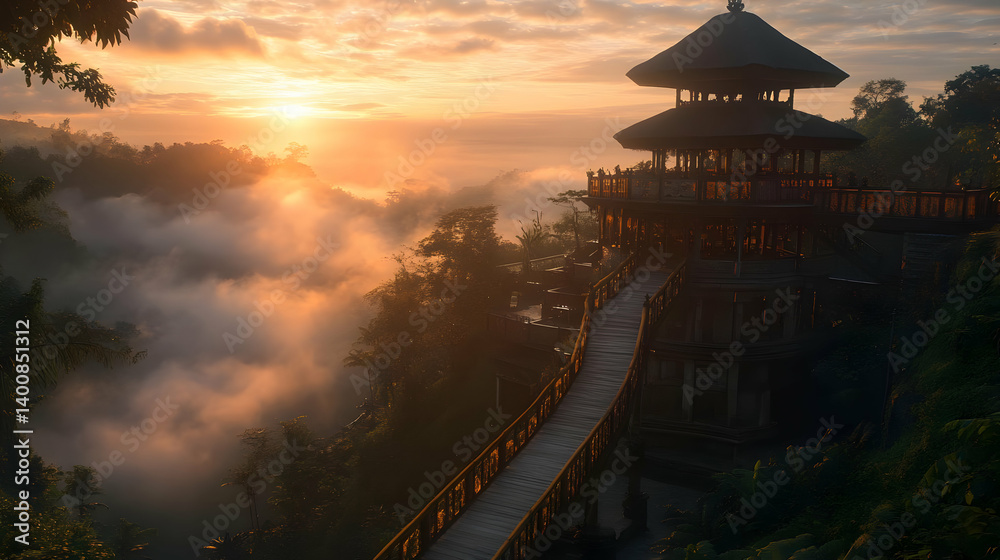 Scenic Sunrise at Ancient Temple Complex with Foggy Forest and Traditional Asian Architecture in Warm Light