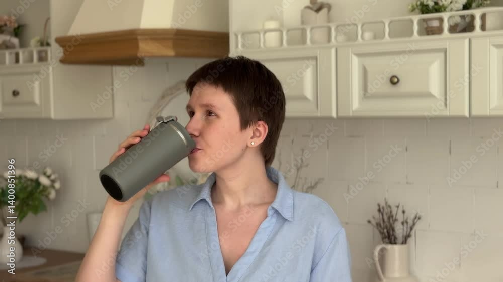 Young modern woman using grey thermos for drink in her kitchen. Young modern woman using grey thermos for drink in her kitchen.
