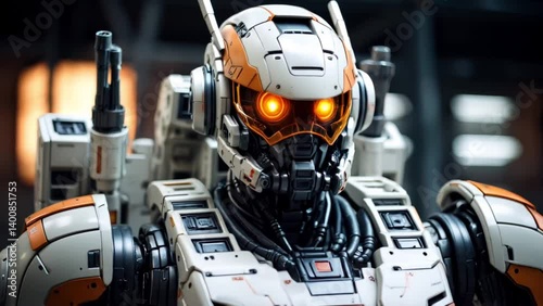 Close-up of a military-looking humanoid robot with a futuristic design, glowing orange eyes, and technological armor. Conceptual image of artificial intelligence technology for defense industrial sett