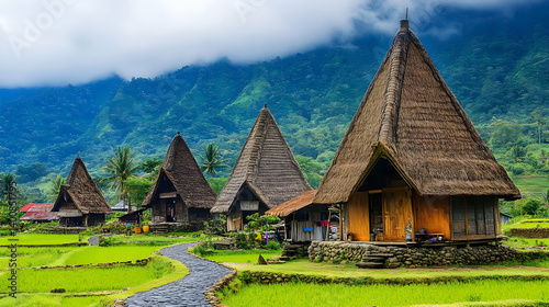 Obraz na płótnie Scenic Rural Village with Thatched Roof Houses Green Rice Fields and Lush Mountain Backdrop in Bright Daylight With a Natural Atmosphere w salonie