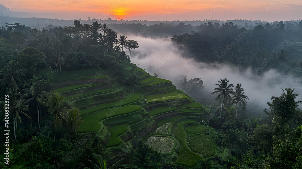 Scenic Sunrise Over Green Rice Terraces and Misty Valley with Distant Trees in Early Morning in Tropical Countryside Landscape