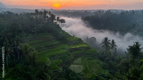 Obraz na płótnie Scenic Sunrise Over Green Rice Terraces and Misty Valley with Distant Trees in Early Morning in Tropical Countryside Landscape w salonie