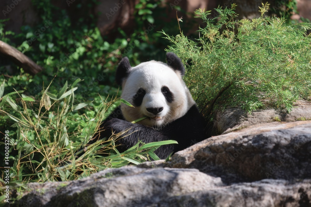 Obraz premium A panda relaxes against a rock, contentedly munching on bamboo amidst lush green foliage, bathed in natural light.