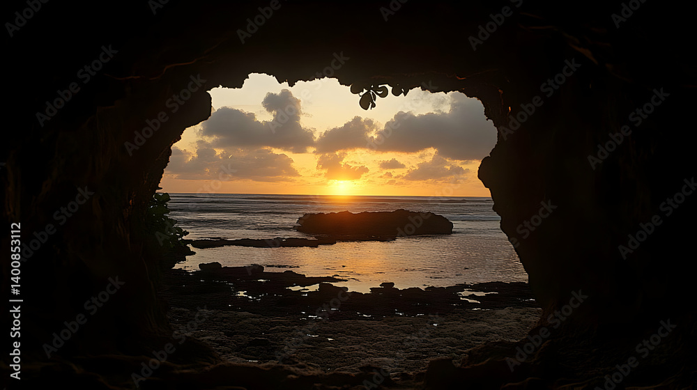 Scenic Sunset Through Dark Cave Opening at Rocky Beach Overlooking Tranquil Ocean Waters and Cloudy Sky Reflecting Golden Light