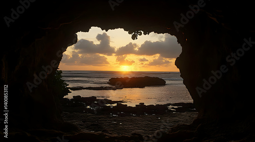 Obraz na płótnie Scenic Sunset Through Dark Cave Opening at Rocky Beach Overlooking Tranquil Ocean Waters and Cloudy Sky Reflecting Golden Light w salonie