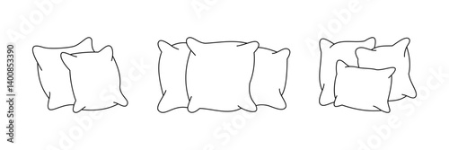 Set of outline plump pillows. Warm cozy pillows. Vector illustration.
