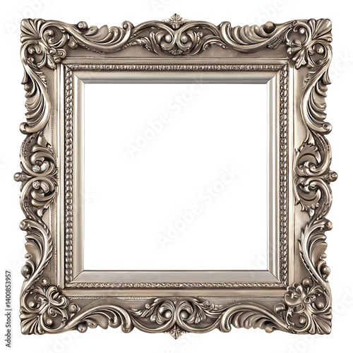  Ornate Silver Picture Frame with Detailed Intricate Design for Elegant Home Decor  isolated on white background .