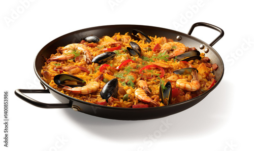 An image of a Valencian paella photo saved from above on a transparent background
