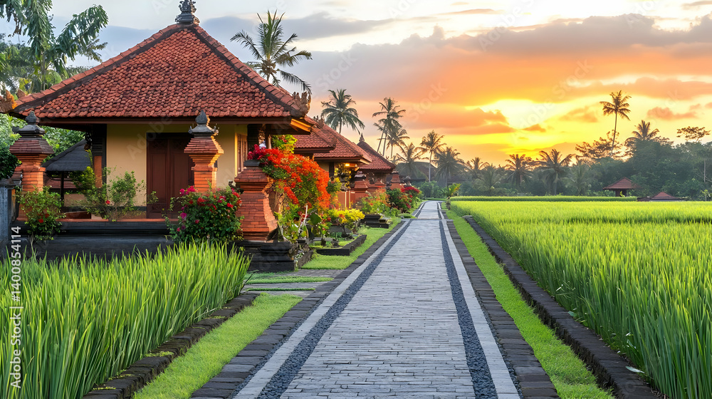 Scenic Sunset View Over Traditional Balinese Village and Rice Fields Tranquil Tropical Landscape with Lush Greenery and Warm Sunlight in Indonesia