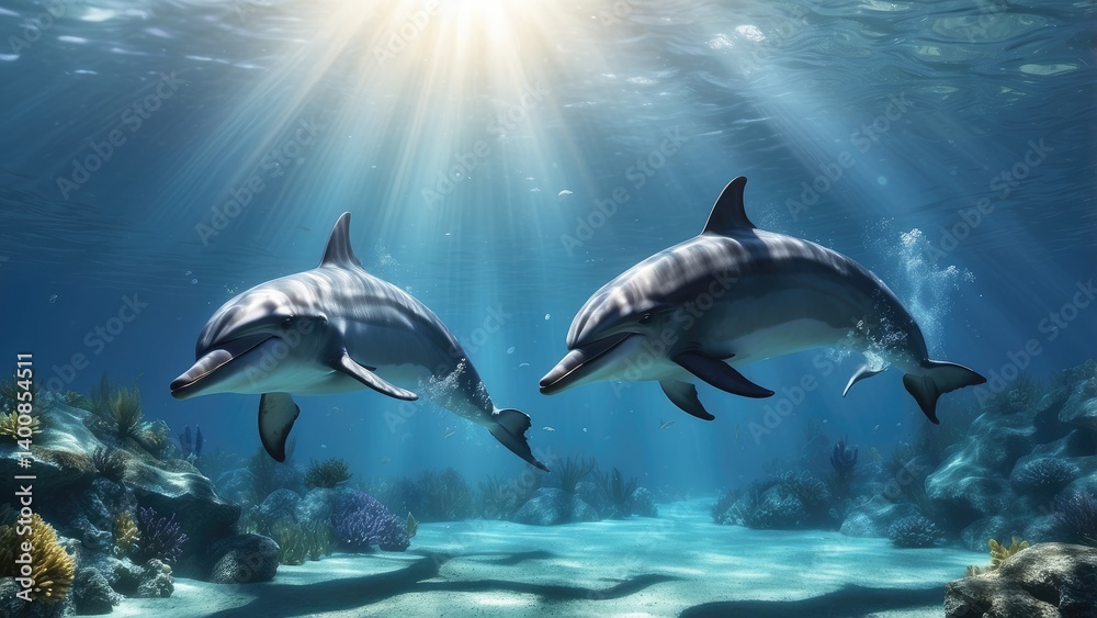 Fototapeta premium Two dolphins swimming in clear blue ocean water with sunlight streaming through the surface