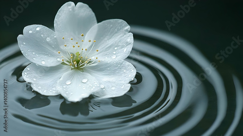 White Flower Floating on Dark Water with Ripples