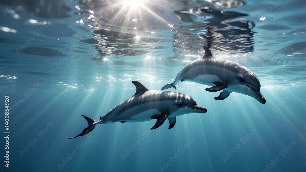 Fototapeta premium Two dolphins swimming in clear blue ocean water with sunlight streaming through the surface