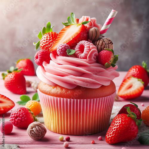 Delicious Strawberry Cupcake with Pink Frosting and Fresh Fruit Topping