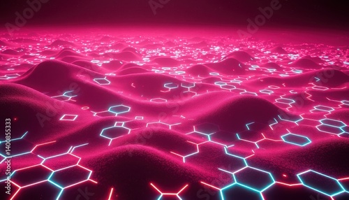 Abstract Digital Landscape Neon Hexagon Grids and Glowing Waves