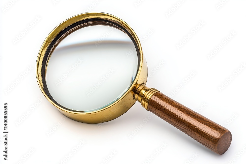 Close up of a magnifying glass with a gold frame and wooden handle Close up of a magnifying glass with a gold frame and wooden handle