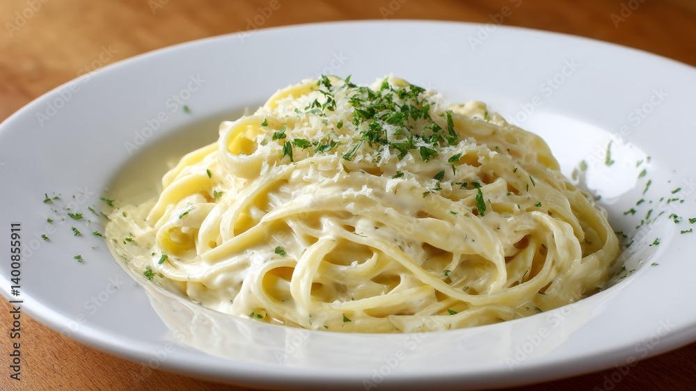 Close-up of spaghetti alfredo with parmesan and parsley in a white bowl. Close-up of spaghetti alfredo with parmesan and parsley in a white bowl.