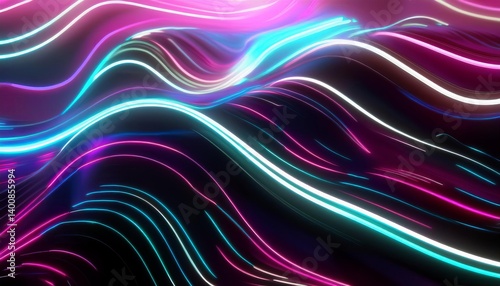 Neon glowing wavy lines flowing on dark background