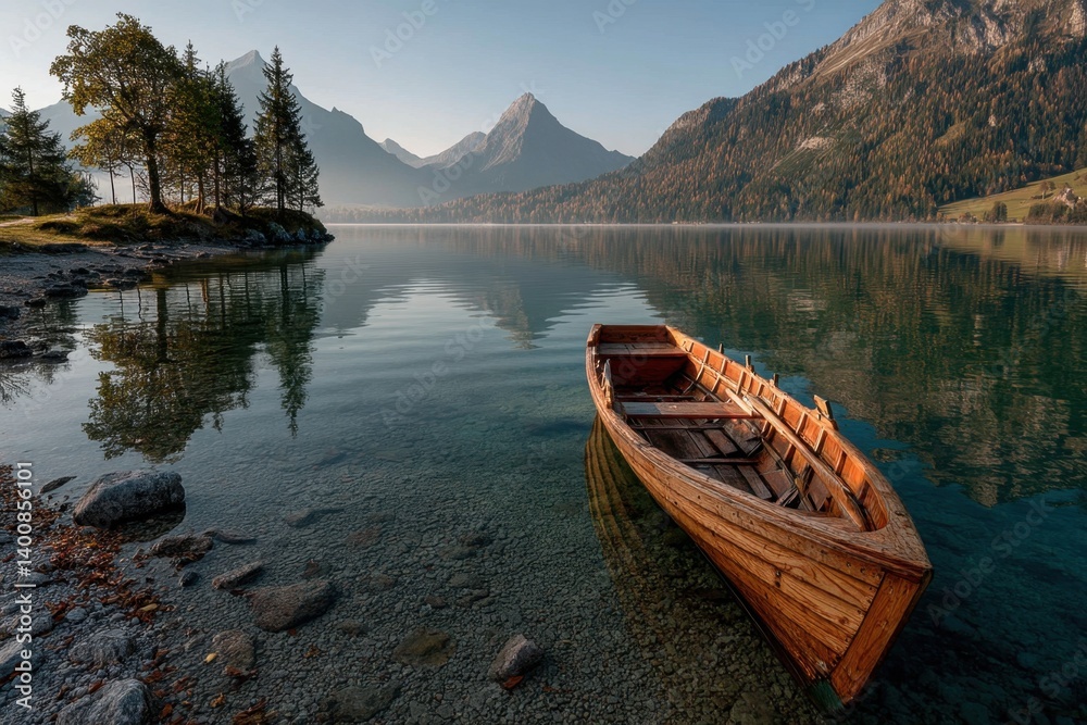 Obraz premium A wooden rowboat rests peacefully on the tranquil lake's shore, embraced by misty mountains and bathed in golden hour light, evoking a sense of calm and solitude.