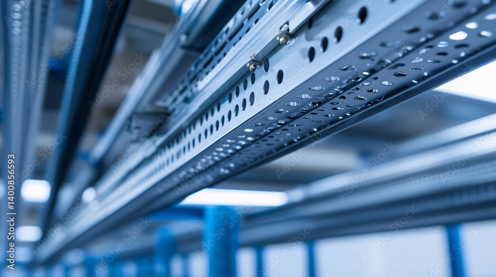 Metal cable trays and conduits are installed in a building interior structure. Metal cable trays and conduits are installed in a building interior structure.