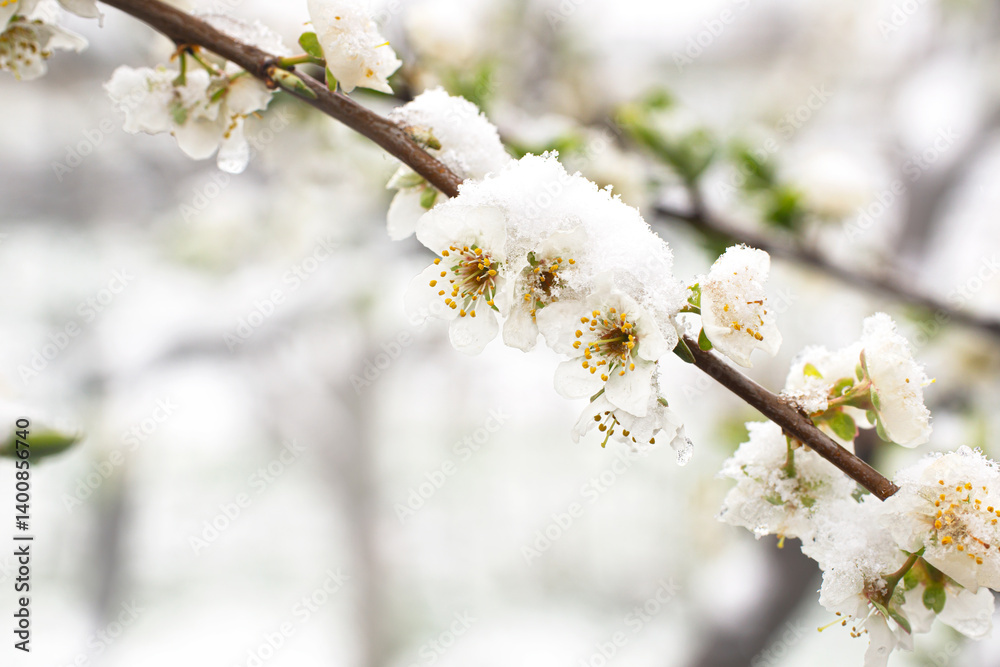 A branch of a flowering tree covered covered with snow, spring frosts during the blossoming period of fruit trees. A branch of a flowering tree covered covered with snow, spring frosts during the blossoming period of fruit trees.
