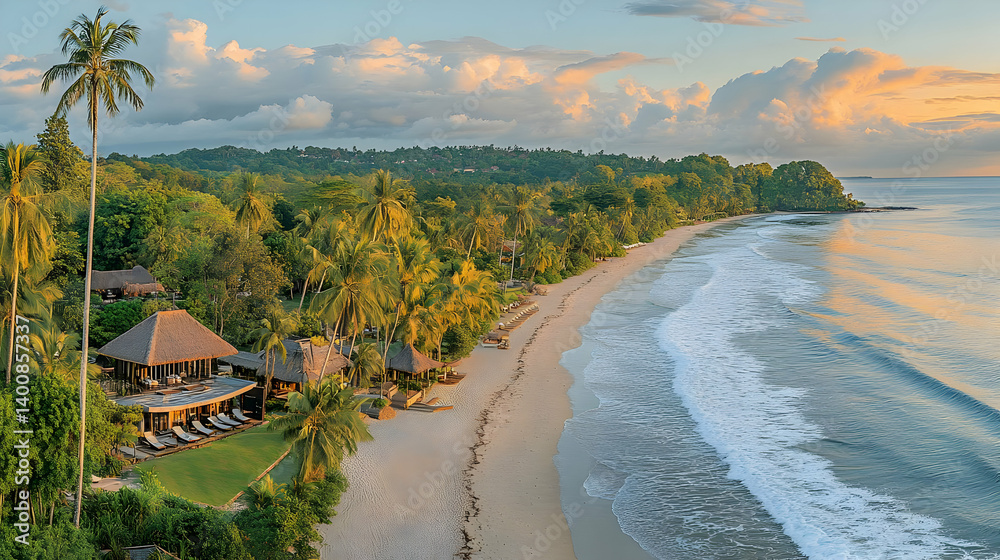 Scenic Tropical Beach With Turquoise Water And Palm Trees Under Cloudy Sky At Daytime