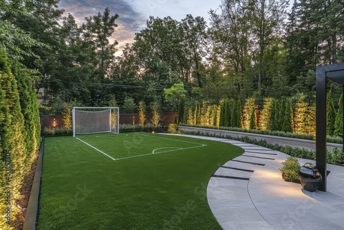 Wallpaper Mural View of a backyard soccer field with artificial turf and trees surrounding the perimeter at dusk time Torontodigital.ca