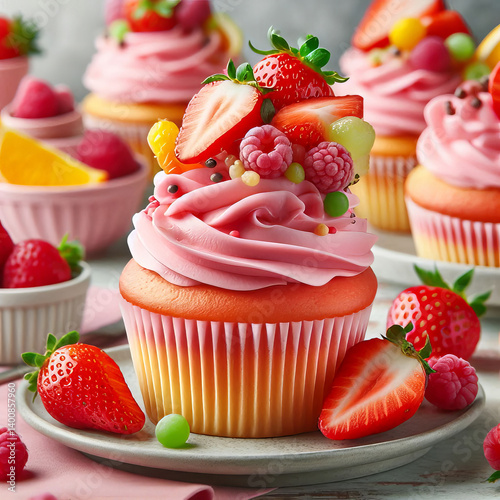 Delicious Strawberry Cupcake with Pink Frosting and Fresh Fruit Topping