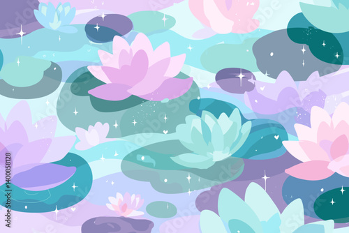 Pastel-colored lotus flowers and lily pads with sparkles on calm water surface