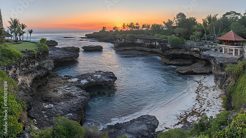 Scenic Tropical Coastline at Sunset with Rocky Cliffs Vegetation and Azure Waters in Soft Natural Light