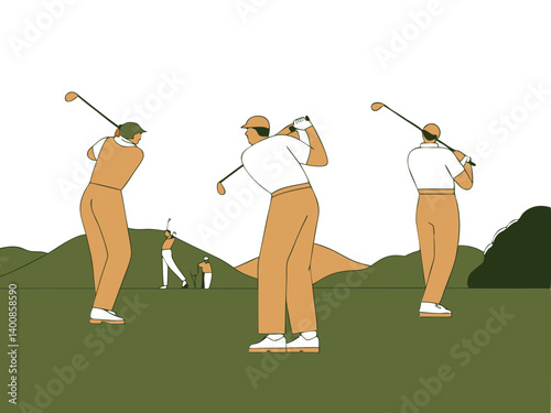 A back view of people practicing their golf swing, vector illustration 
