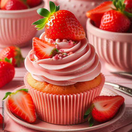 Delicious Strawberry Cupcake with Pink Frosting and Fresh Fruit Topping