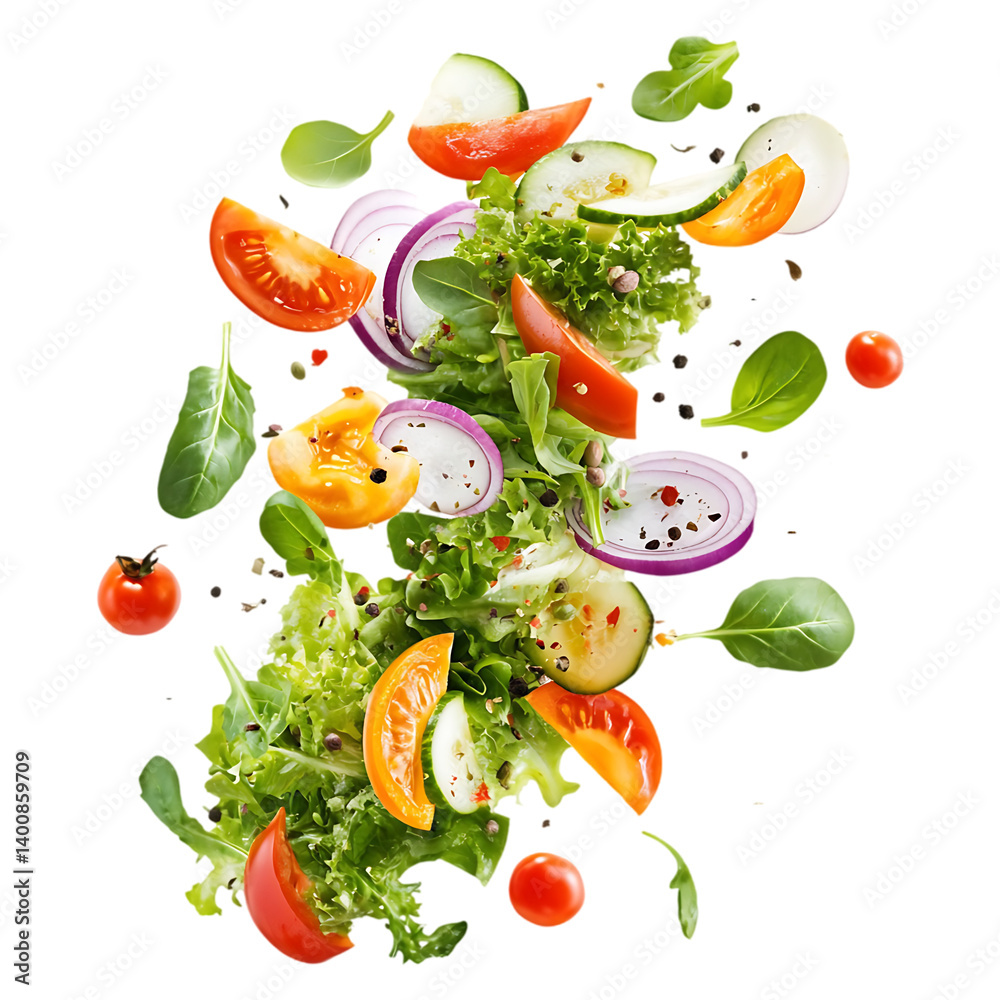 Fresh flying vegetables salad on a transparent background Fresh flying vegetables salad on a transparent background