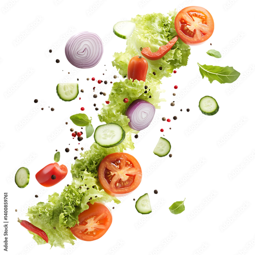 Fresh flying vegetables salad on a transparent background Fresh flying vegetables salad on a transparent background