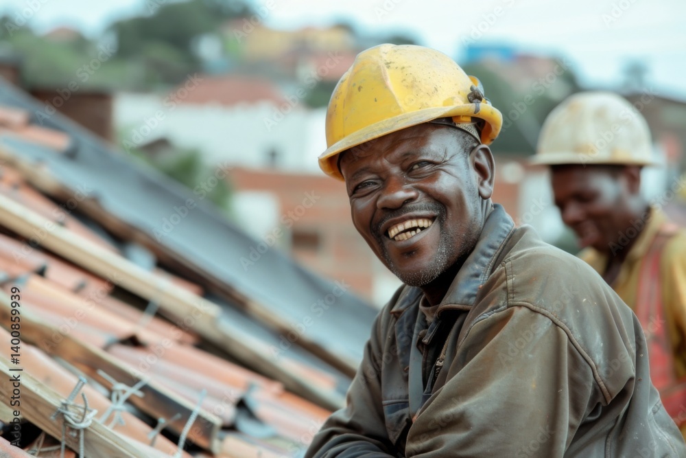 Smiling worker on roof construction on ladder with work uniform an hard hat Smiling worker on roof construction on ladder with work uniform an hard hat