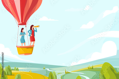 Two Women Exploring from Hot Air Balloon – Adventure and Discovery