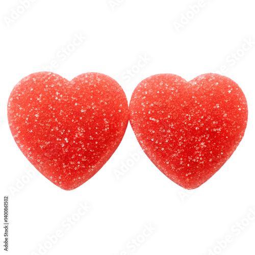 Two red heart shaped gummy candies covered in sugar isolated on transparent background perfect for Valentines Day
