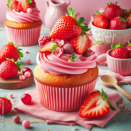 Delicious Strawberry Cupcake with Pink Frosting and Fresh Fruit Topping