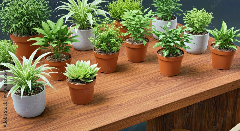 Group of various indoor plants growing in pots positioned carefully along the edge of a clean wooden desk Group of various indoor plants growing in pots positioned carefully along the edge of a clean wooden desk