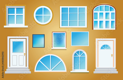 Set of house Windows and doors, house outdoor and indoor frame shapes, glass windows
