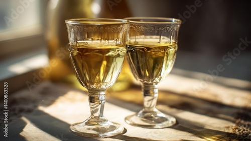 Two glasses of golden liquid sit on a lacey cloth in a soft, warm light.