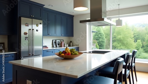 Kitchen interior with marble kitchen island, blue kitchen furniture’s, gray fridge, modern lamp, bowl with fruits, big window and personal accessories.