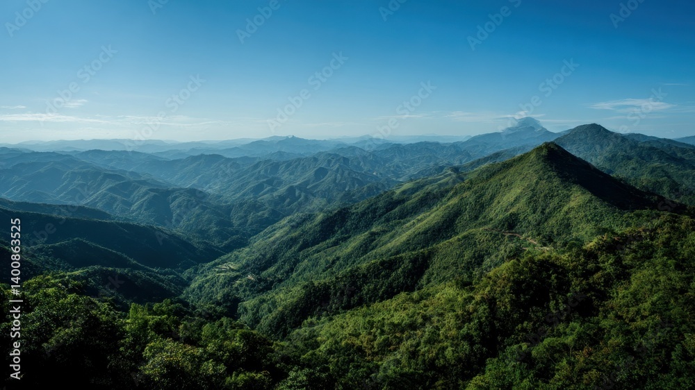 Fototapeta premium Expansive mountain range with lush green forests under a clear blue sky.