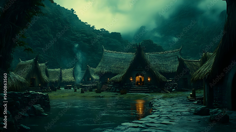 Scenic View of Rural Village with Thatched Roof Huts in Asia Mountain Landscape with Tranquil Pond and Soft Lighting