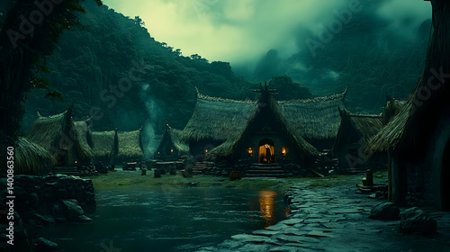 Obraz na płótnie Scenic View of Rural Village with Thatched Roof Huts in Asia Mountain Landscape with Tranquil Pond and Soft Lighting w salonie