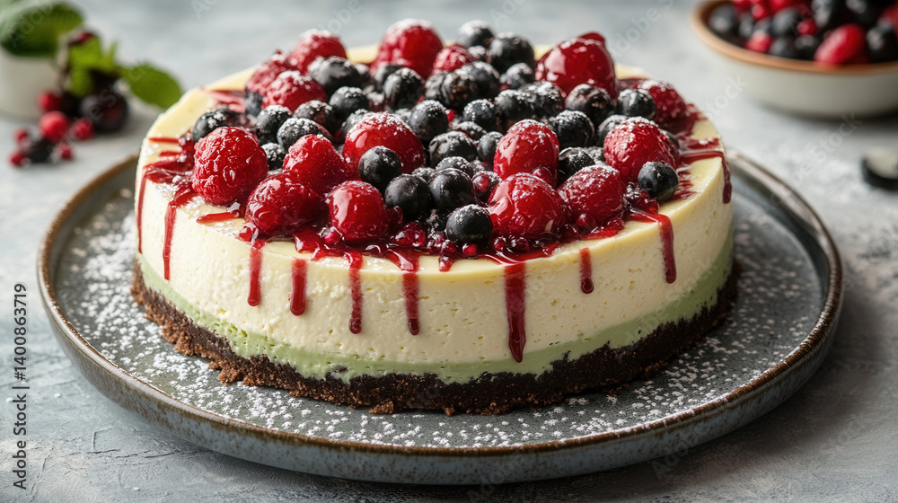 Delicious graviola cheesecake topped with fresh berries on a gray plate against a light gray background Delicious graviola cheesecake topped with fresh berries on a gray plate against a light gray background